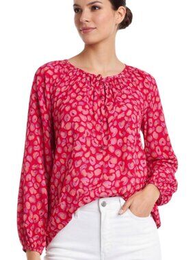 Tucker Silk Blend Blouse Coral Floral Smocked L
